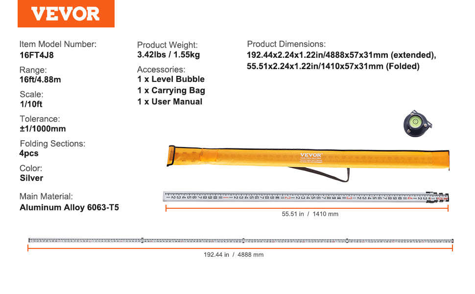 Aluminum Grade Rod Double-Sided Scale with Bubble Level and Carrying Bag-20ft 10ths / United States