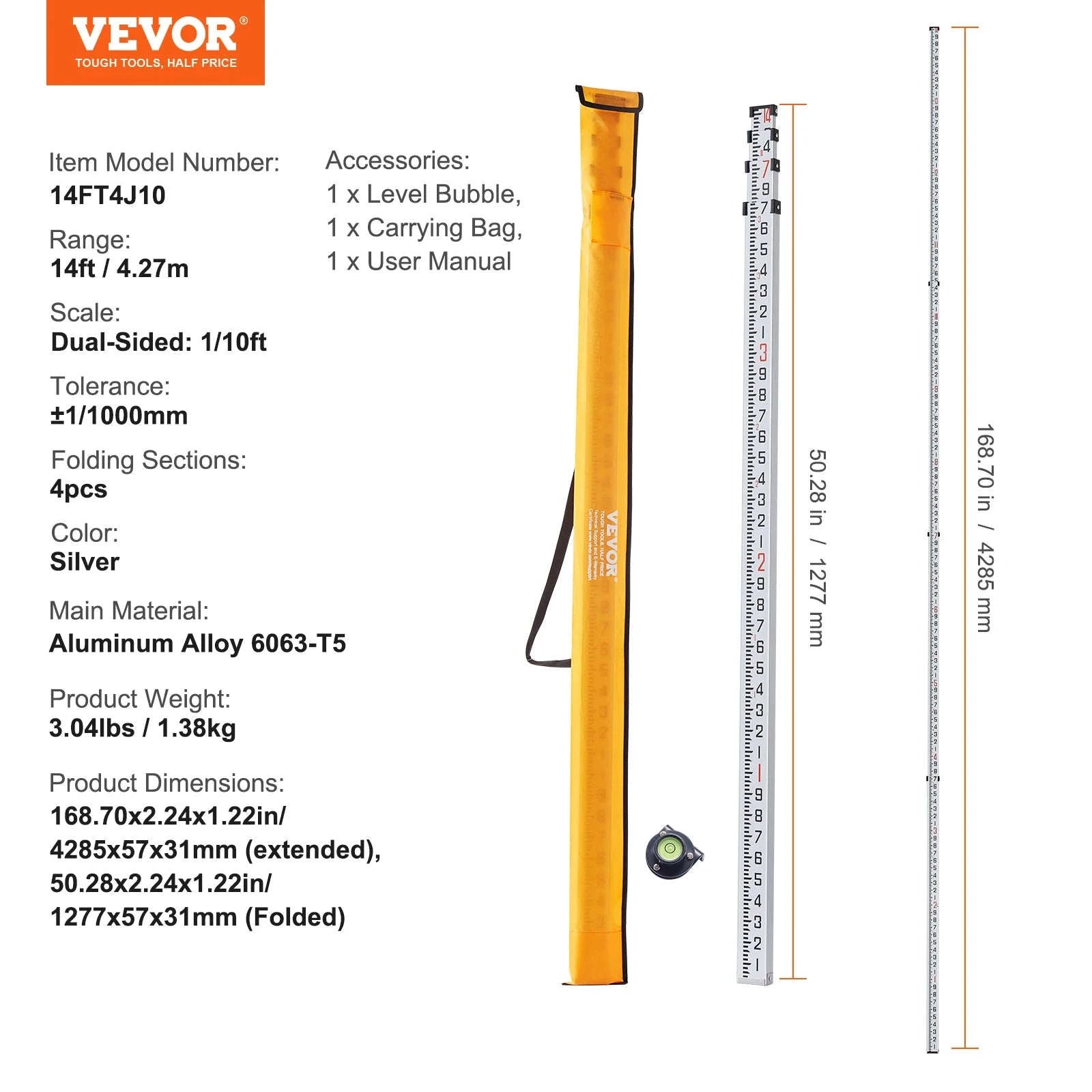 Aluminum Grade Rod Double-Sided Scale with Bubble Level and Carrying Bag-20ft 10ths / United States