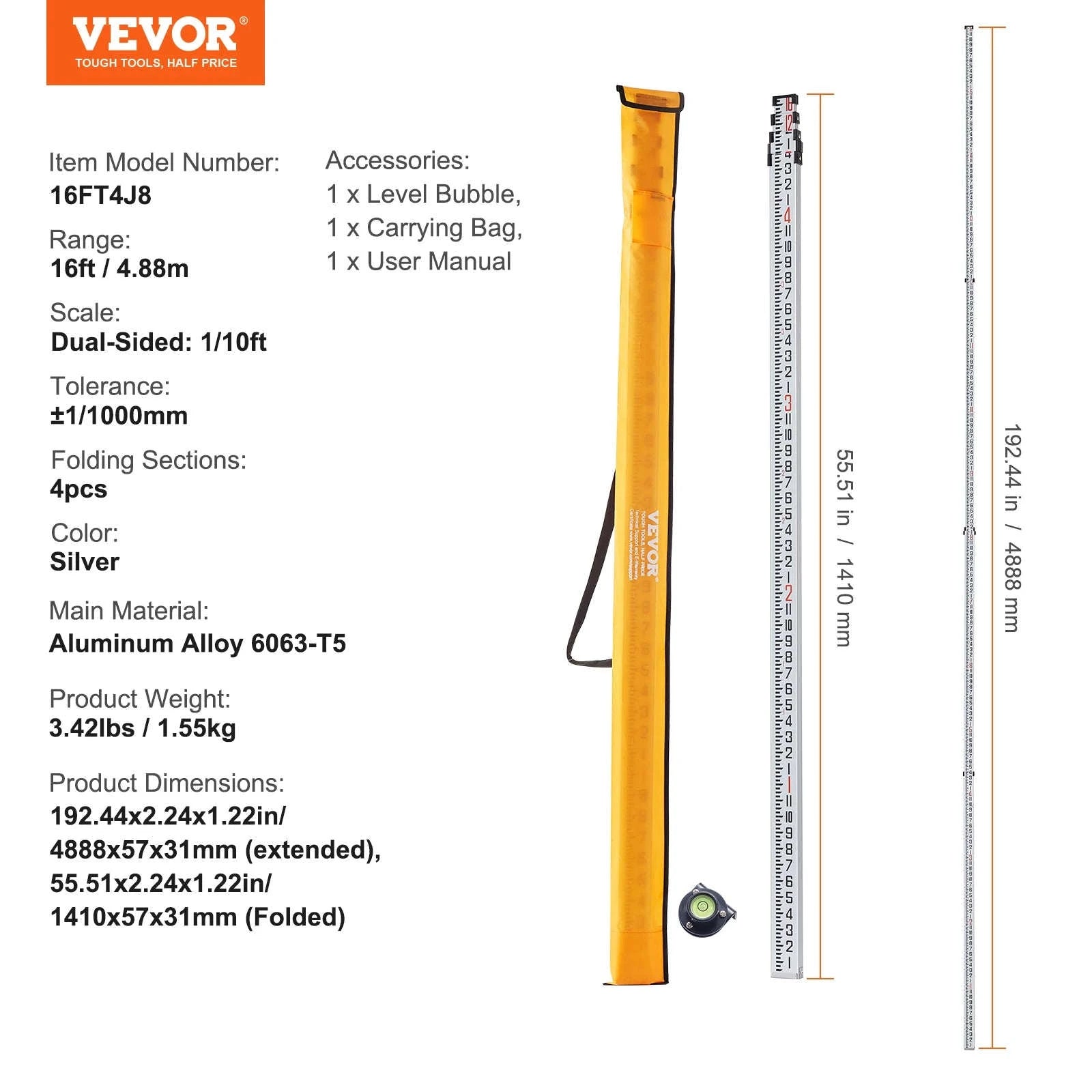 Aluminum Grade Rod Double-Sided Scale with Bubble Level and Carrying Bag-20ft 10ths / United States