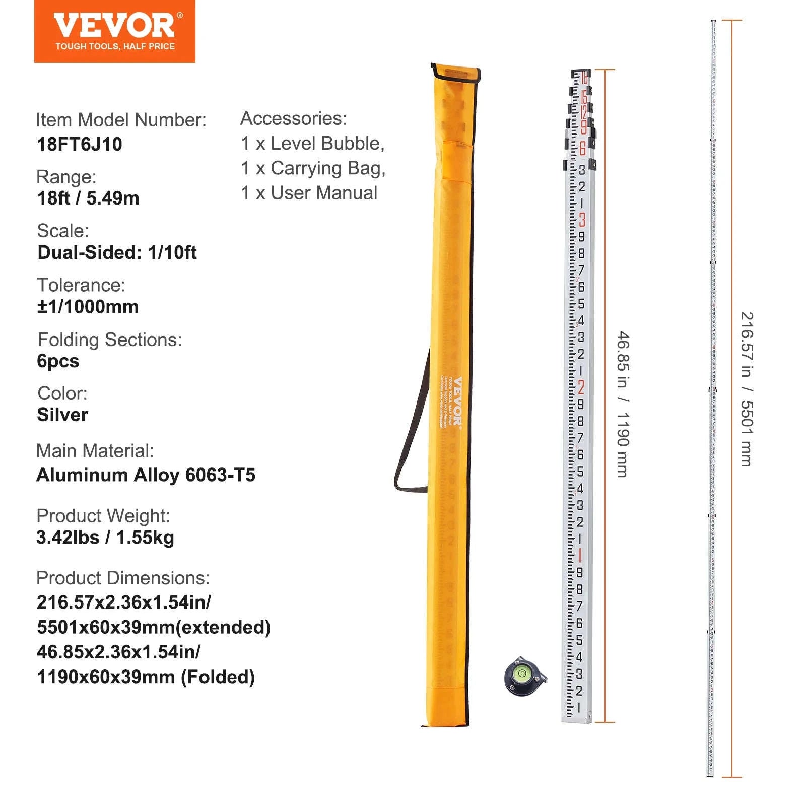 Aluminum Grade Rod Double-Sided Scale with Bubble Level and Carrying Bag-20ft 10ths / United States