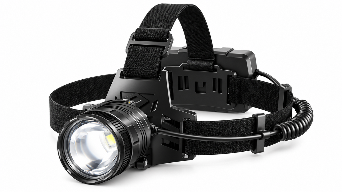 Black aluminum rechargeable headlamp on white background