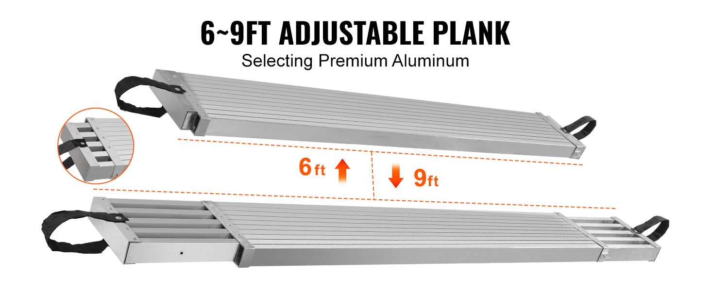 SucceBuy teleskoperbar aluminiumsarbejdsplanke 6-9 ft 500 lbs kapacitet 12,5 tommer bred aluminium scopløftnings- eller/og stilladsplanke udvidelsesstagingplanke