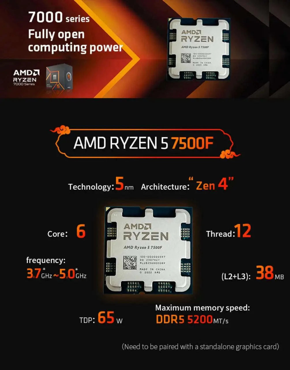 AMD Ryzen 5 7500F Processor 6‑Core AM5 Desktop CPU-france