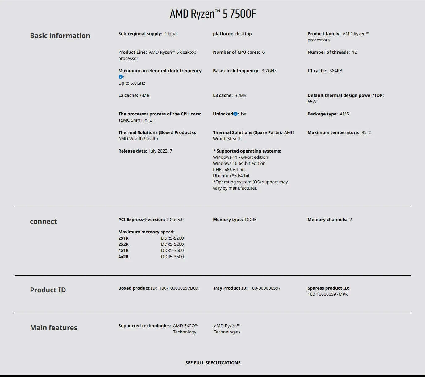 AMD Ryzen 5 7500F Processor 6‑Core AM5 Desktop CPU-france