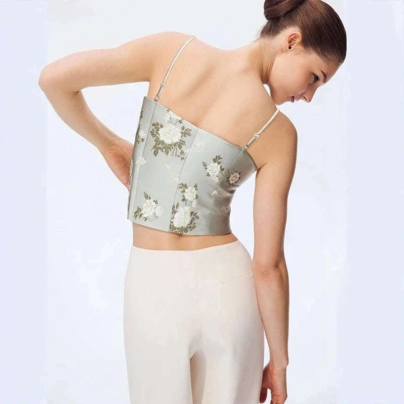 Amii Jacquard Floral Sling Vest Waist-Cinching Sleeveless Top-Feather Grey / L