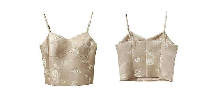 Amii Jacquard Floral Sling Vest Waist-Cinching Sleeveless Top-Feather Grey / L