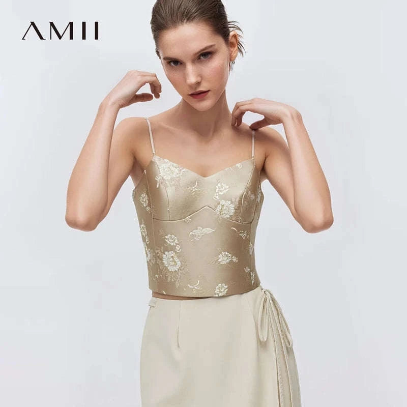 Amii Jacquard Floral Sling Vest Waist-Cinching Sleeveless Top-Khaki / L