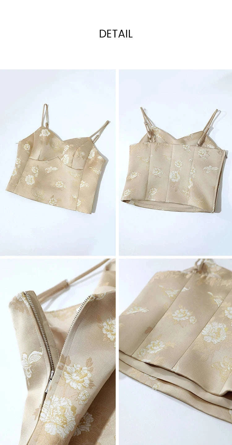 Amii Jacquard Floral Sling Vest Waist-Cinching Sleeveless Top-Khaki / L