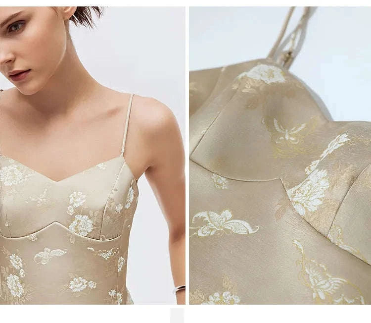 Amii Jacquard Floral Sling Vest Waist-Cinching Sleeveless Top-Khaki / L