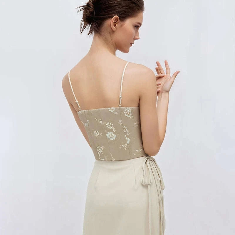 Amii Jacquard Floral Sling Vest Waist-Cinching Sleeveless Top-Khaki / L