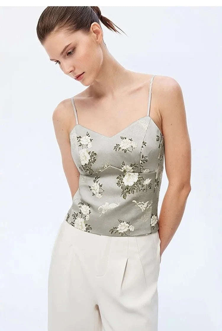 Amii Jacquard Floral Sling Vest Waist-Cinching Sleeveless Top-Khaki / L