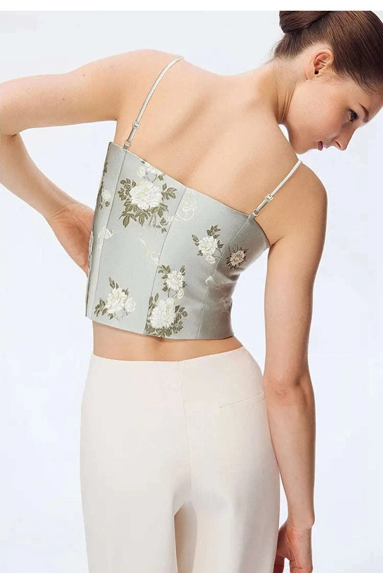 Amii Jacquard Floral Sling Vest Waist-Cinching Sleeveless Top-Khaki / L
