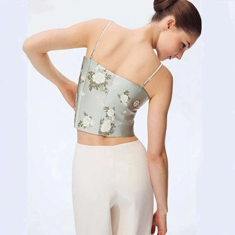Amii Jacquard Floral Sling Vest Waist-Cinching Sleeveless Top-Khaki / L