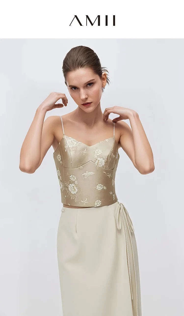 Amii Jacquard Floral Sling Vest Waist-Cinching Sleeveless Top-Khaki / L