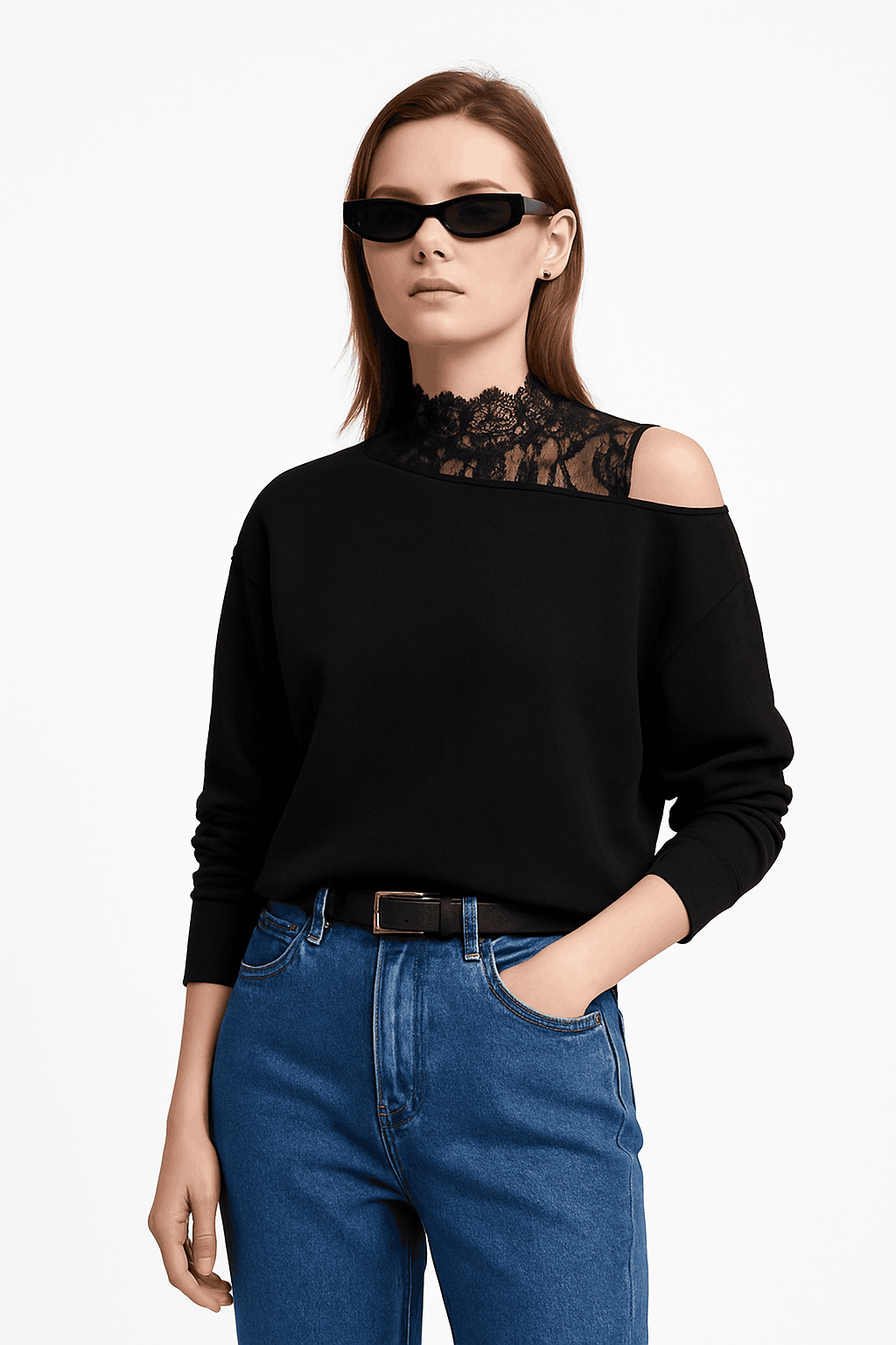 AMII Women’s Cotton Lace Off-Shoulder Long Sleeve T-Shirt Loose Fit-Black / S
