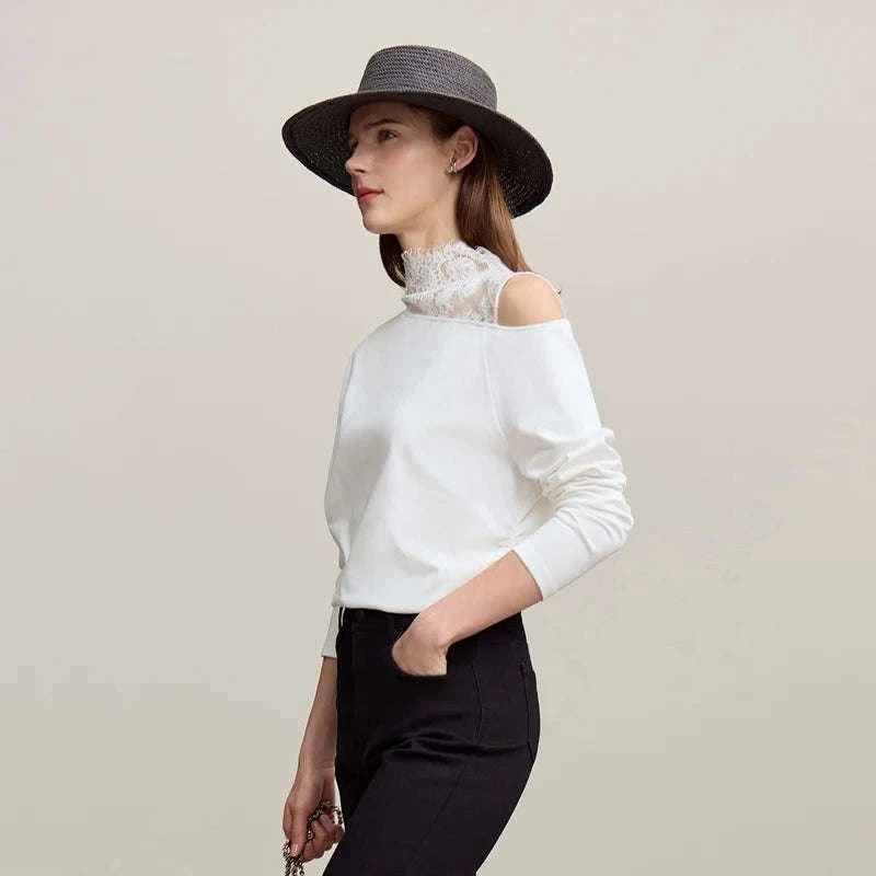 AMII Women’s Cotton Lace Off-Shoulder Long Sleeve T-Shirt Loose Fit-Black / S
