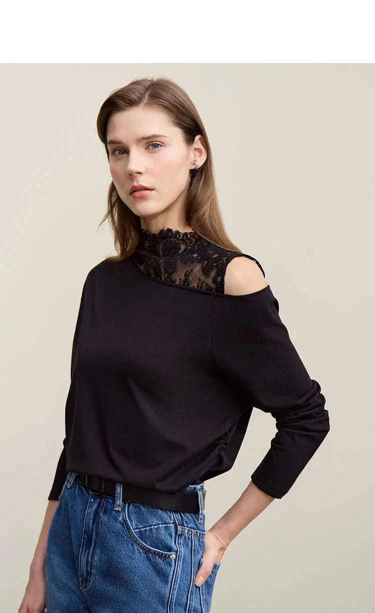AMII Women’s Cotton Lace Off-Shoulder Long Sleeve T-Shirt Loose Fit-Black / S