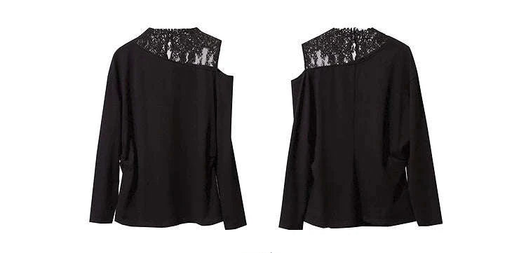 AMII Women’s Cotton Lace Off-Shoulder Long Sleeve T-Shirt Loose Fit-Black / S