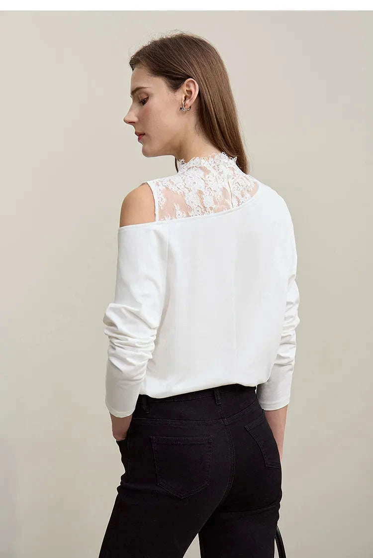AMII Women’s Cotton Lace Off-Shoulder Long Sleeve T-Shirt Loose Fit-Black / S