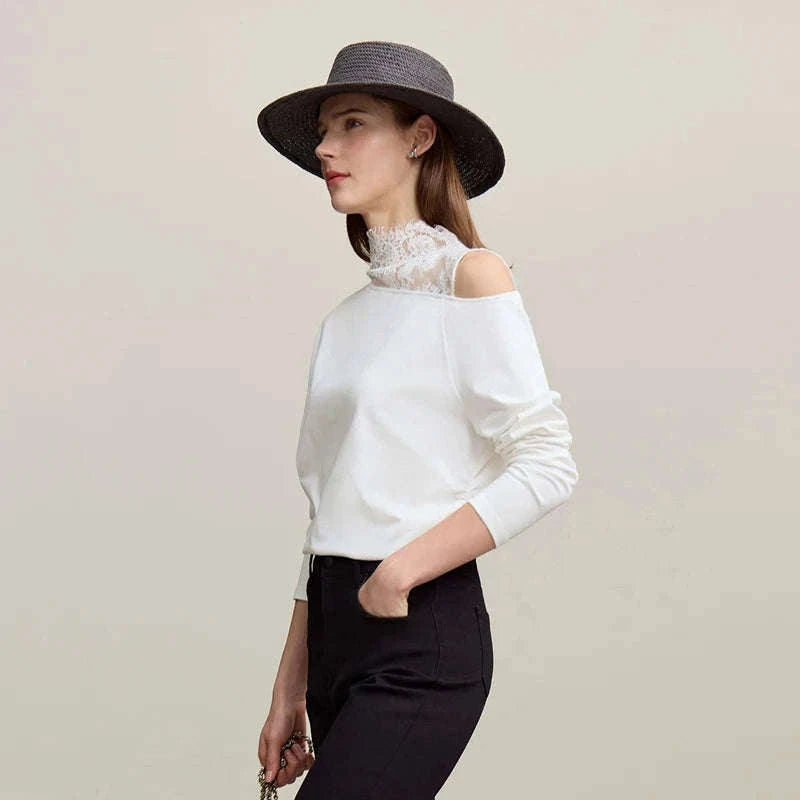 AMII Women’s Cotton Lace Off-Shoulder Long Sleeve T-Shirt Loose Fit-Black / S