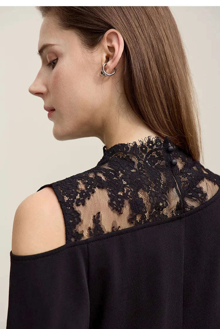 AMII Women’s Cotton Lace Off-Shoulder Long Sleeve T-Shirt Loose Fit-Black / S