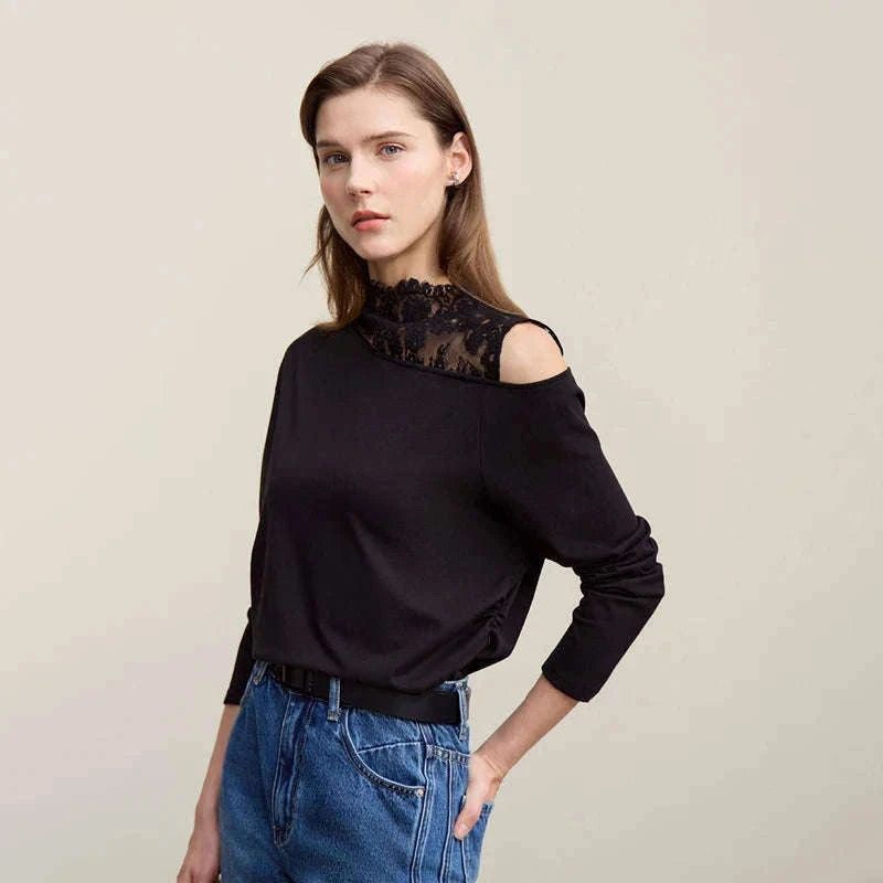 AMII Women’s Cotton Lace Off-Shoulder Long Sleeve T-Shirt Loose Fit-Black / S