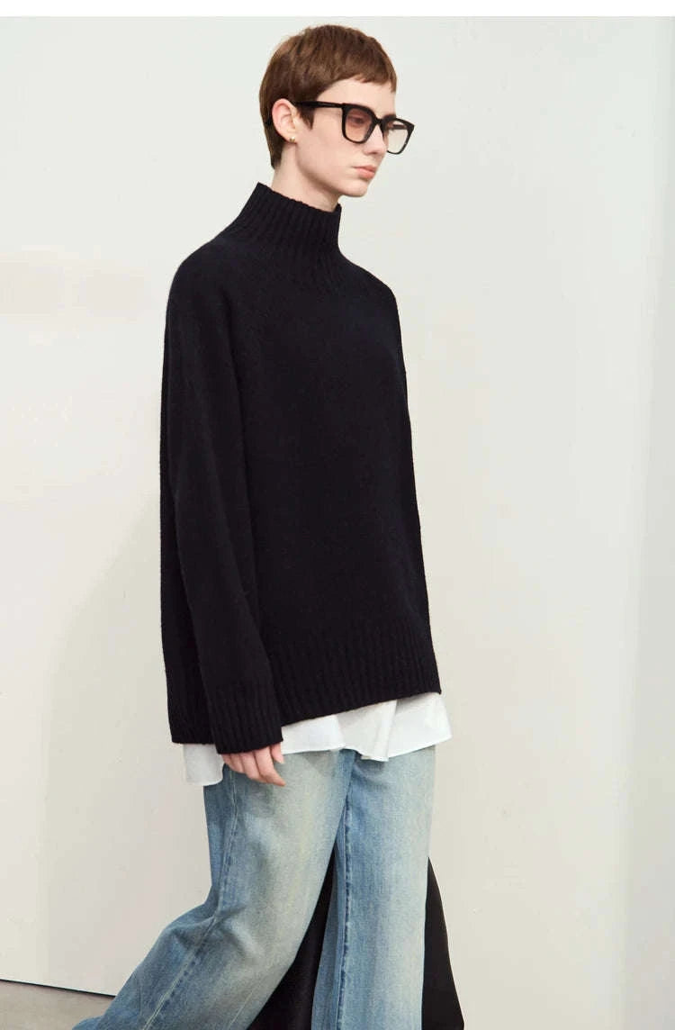 AMII Women’s Wool Turtleneck Sweater Loose Fit Seamless Knit-black / M