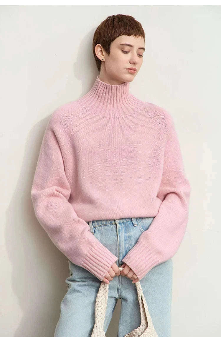 AMII Women’s Wool Turtleneck Sweater Loose Fit Seamless Knit-black / M