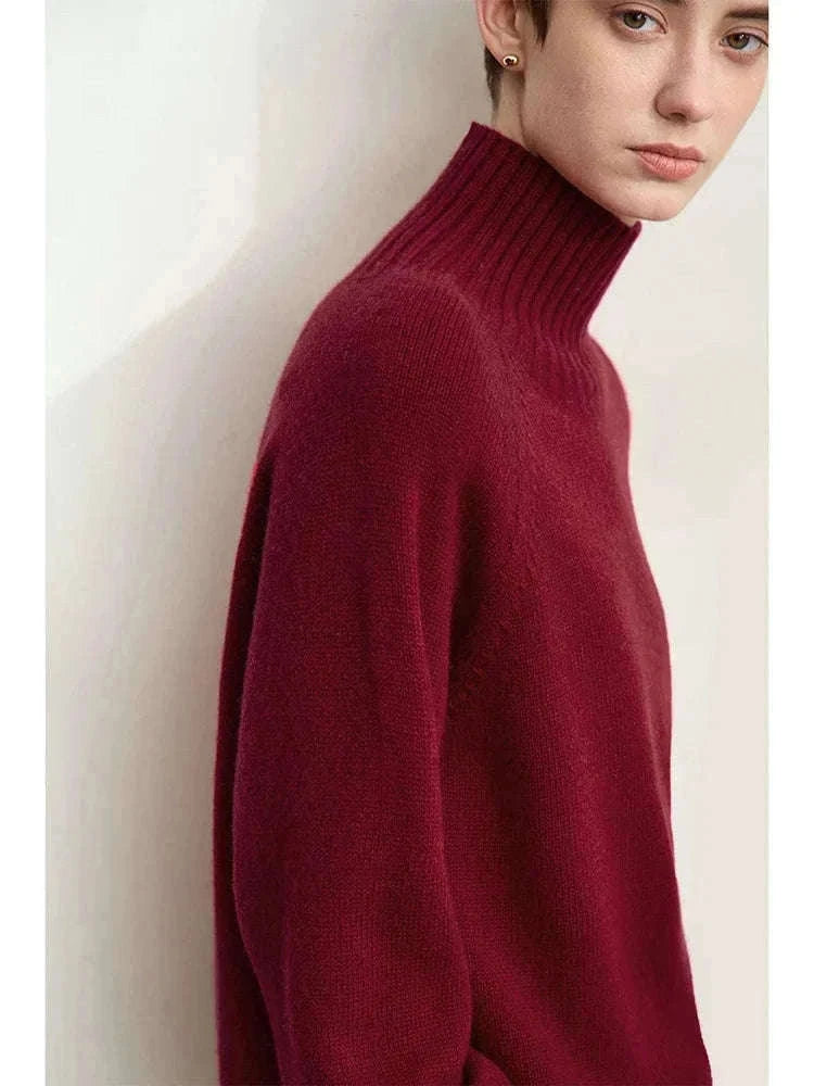 AMII Women’s Wool Turtleneck Sweater Loose Fit Seamless Knit-black / M