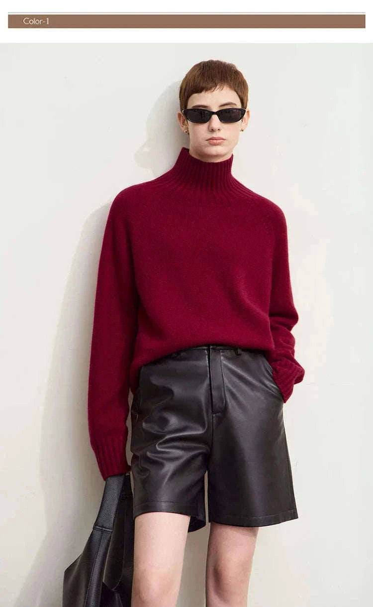 AMII Women’s Wool Turtleneck Sweater Loose Fit Seamless Knit-black / M