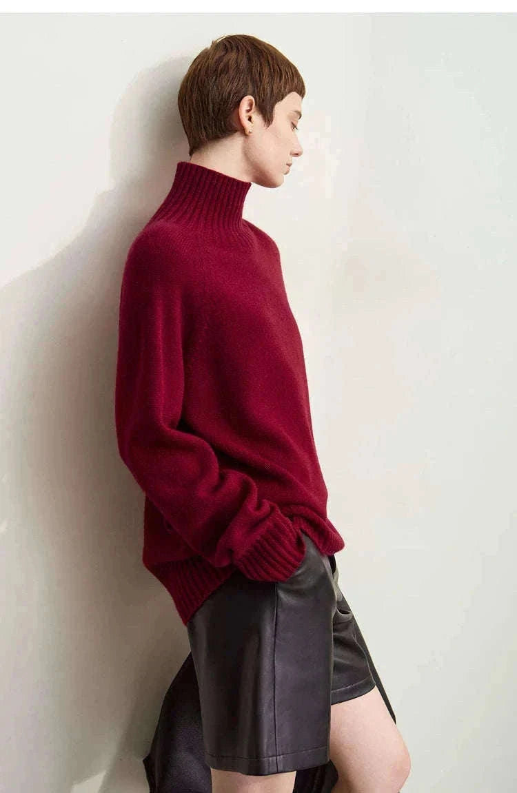 AMII Women’s Wool Turtleneck Sweater Loose Fit Seamless Knit-black / M