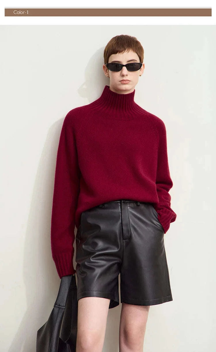 AMII Women’s Wool Turtleneck Sweater Loose Fit Seamless Knit-black / M