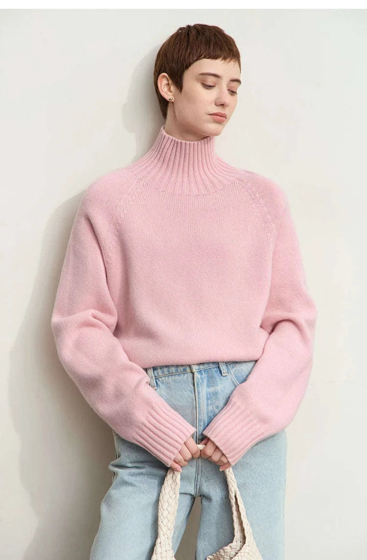AMII Women’s Wool Turtleneck Sweater Loose Fit Seamless Knit-black / M