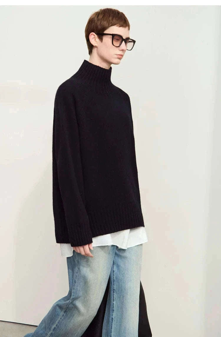 AMII Women’s Wool Turtleneck Sweater Loose Fit Seamless Knit-black / M