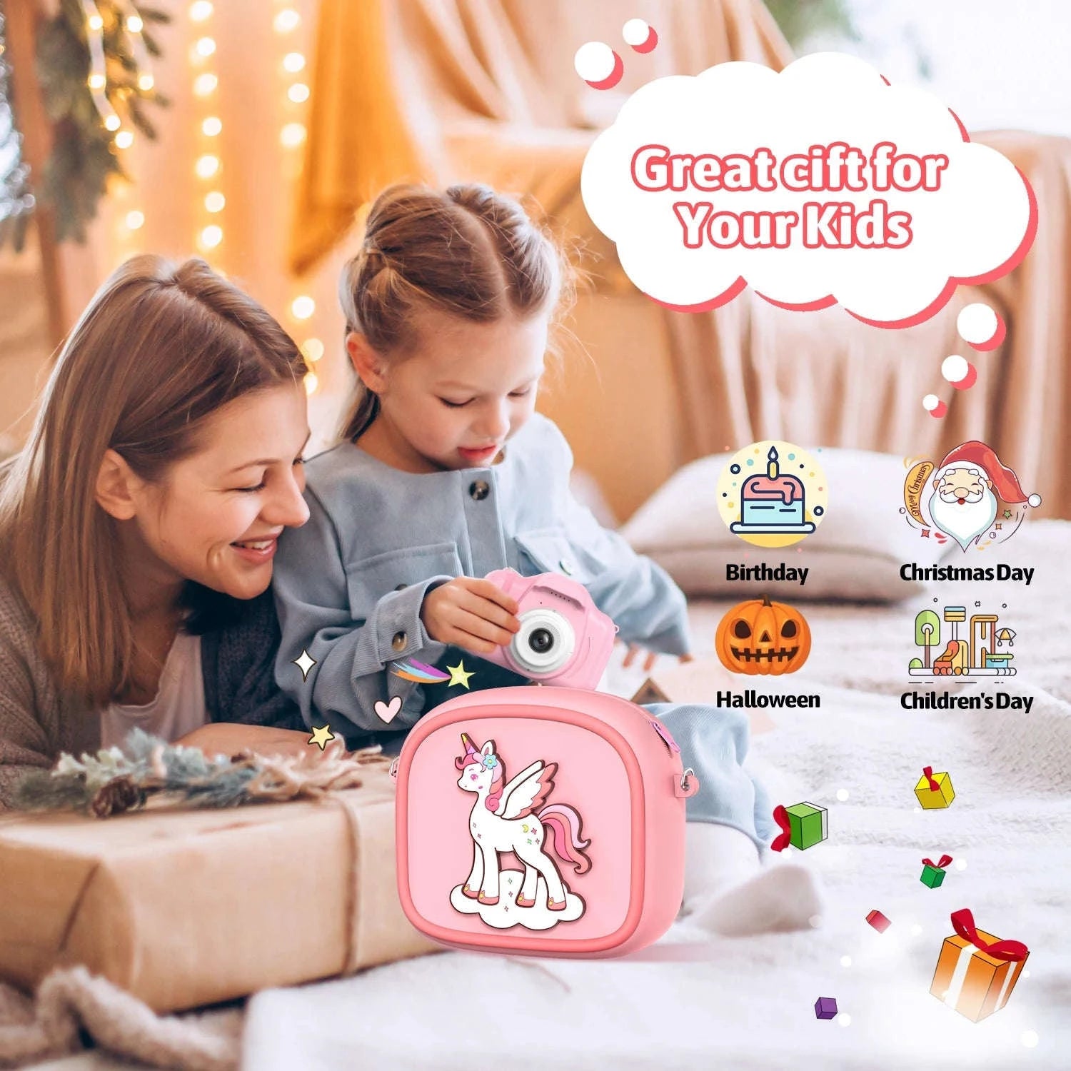 AMORUS Kids Camera Instant 1080P HD Dual Lens Selfie-Black Pink