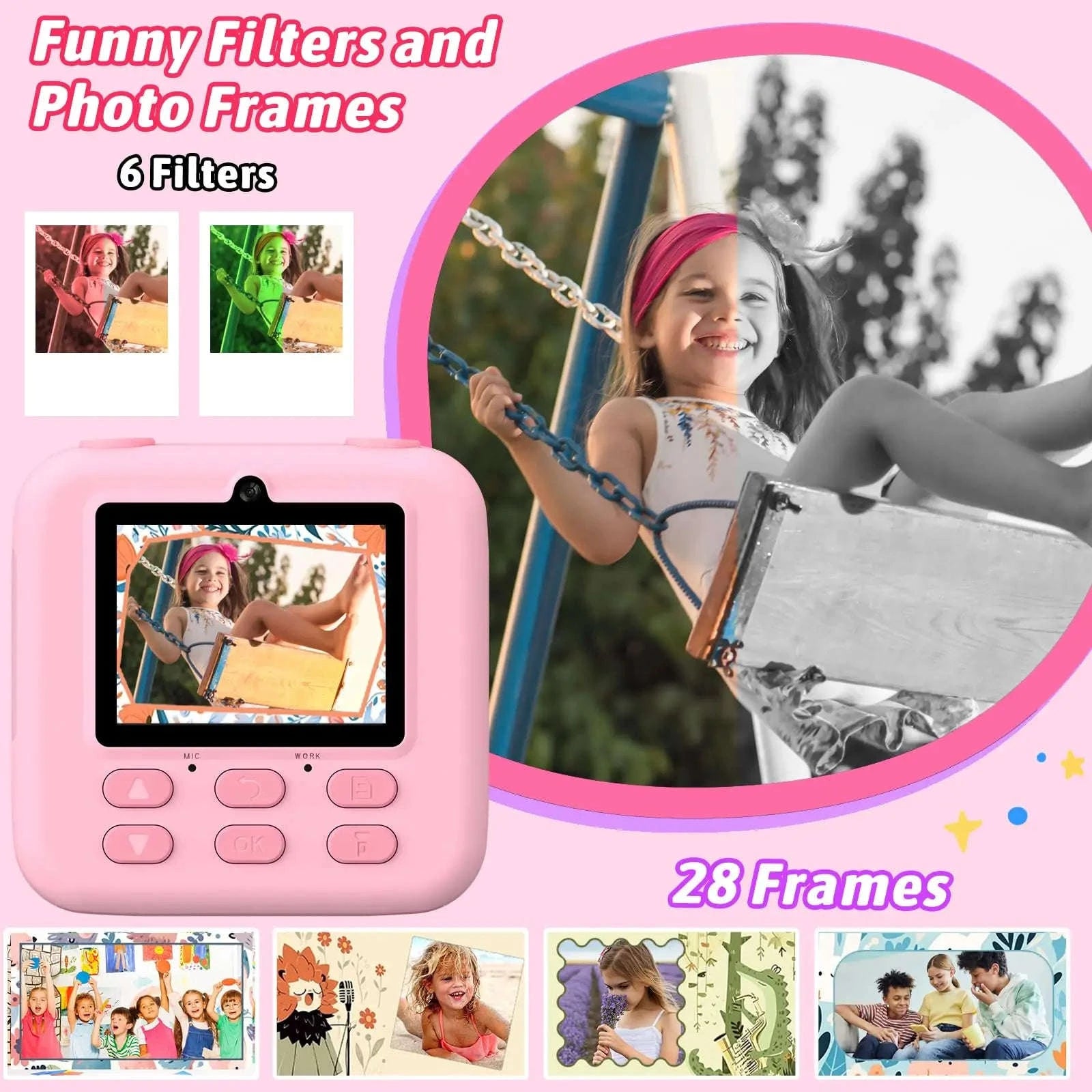AMORUS Kids Camera Instant 1080P HD Dual Lens Selfie-Black Pink