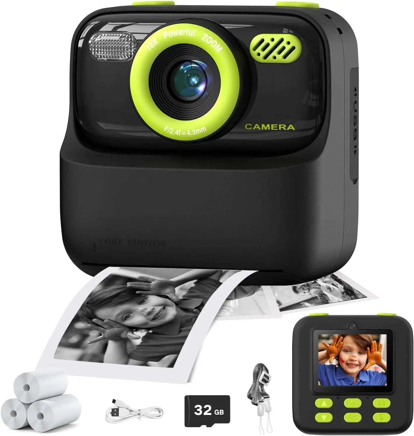AMORUS Kids Camera Instant 1080P HD Dual Lens Selfie-Black Pink