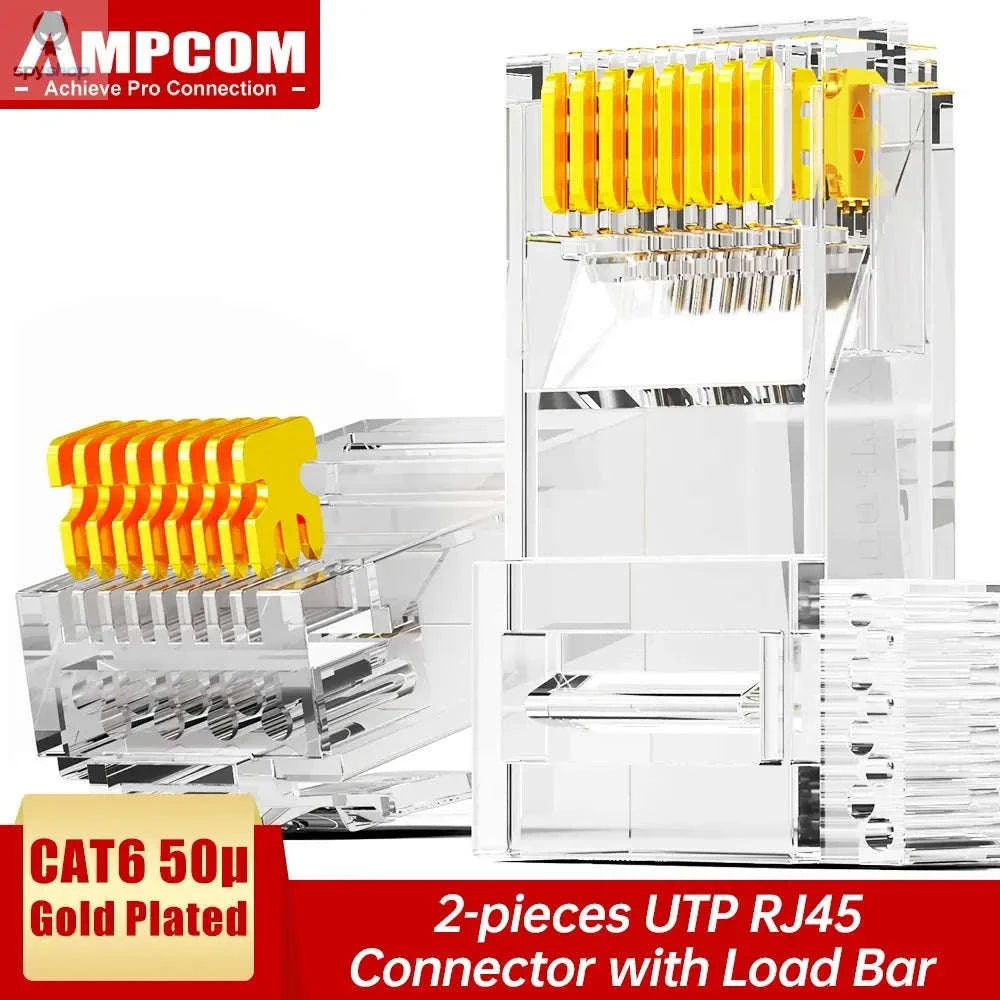 AMPCOM CAT6 RJ45 Connector – Gold‑Plated Plug for Reliable Ethernet Terminations-50U 2-piece / 10pcs