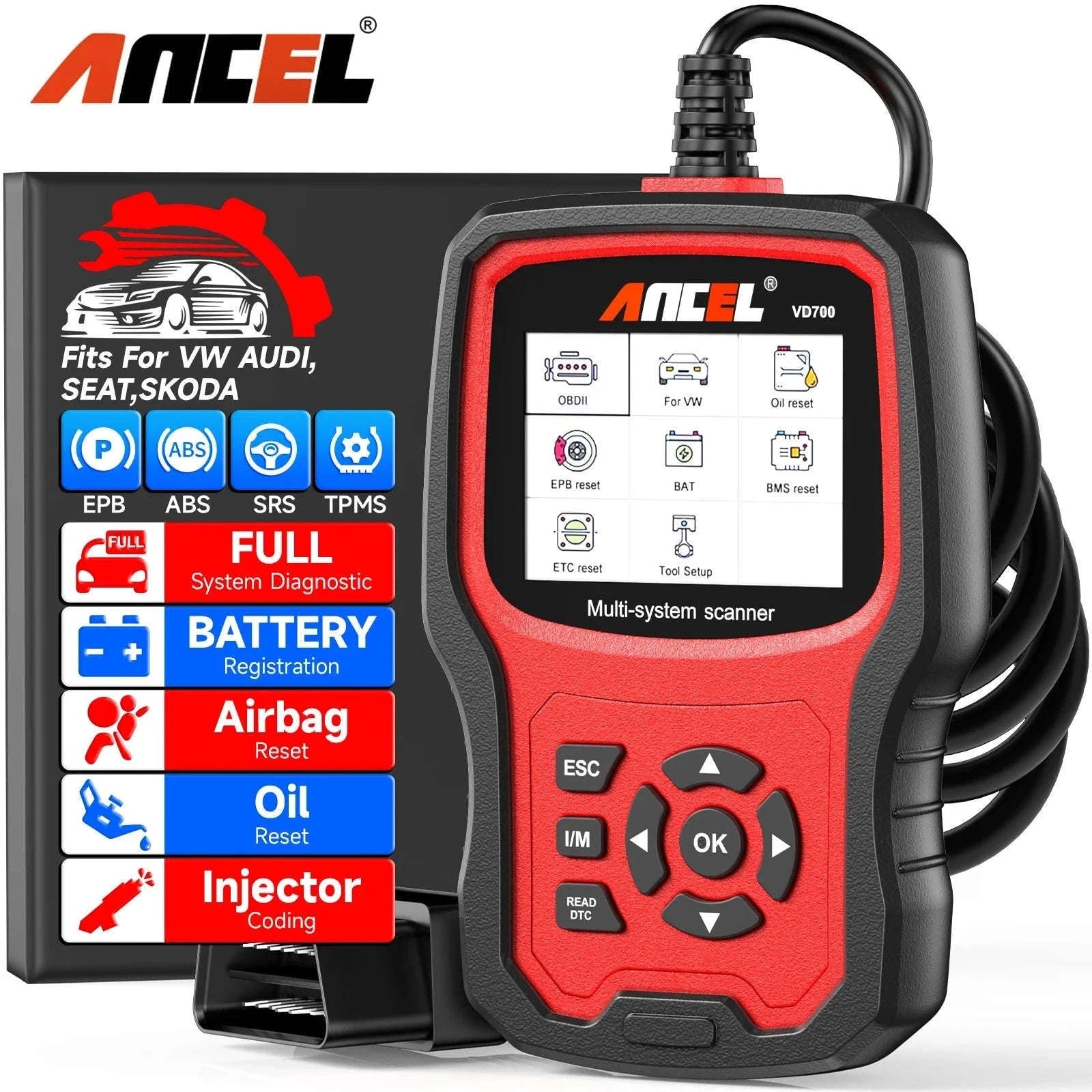 ANCEL VD700 OBD2 Scanner for VAG Vehicles-Red