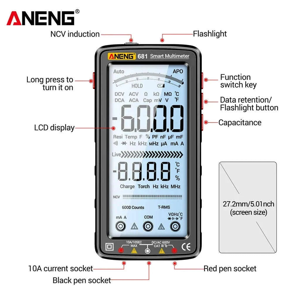 ANENG 681 Rechargeable True RMS Digital Multimeter-681 Black Pro