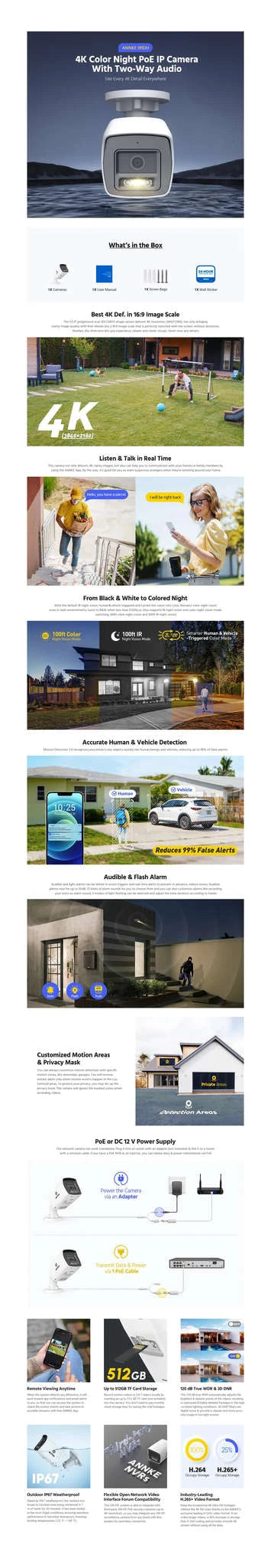 ANNKE 8MP 4K PoE Bullet Security Camera with Human Detection-I91DL / United States