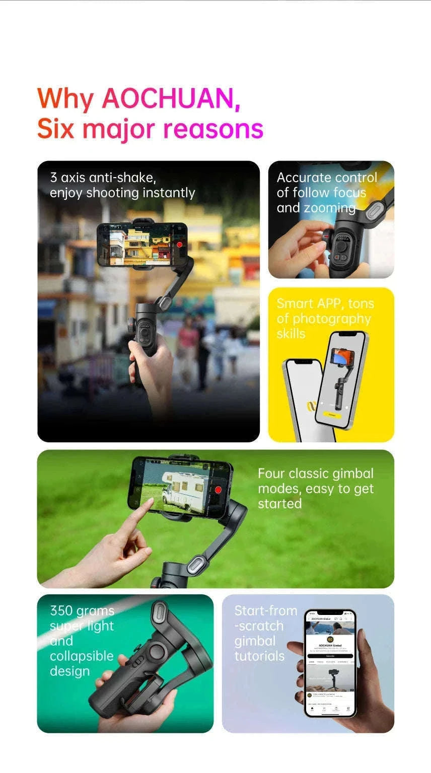 AOCHUAN 3-Axis Handheld Gimbal Stabilizer for Smartphones-With RGB lights