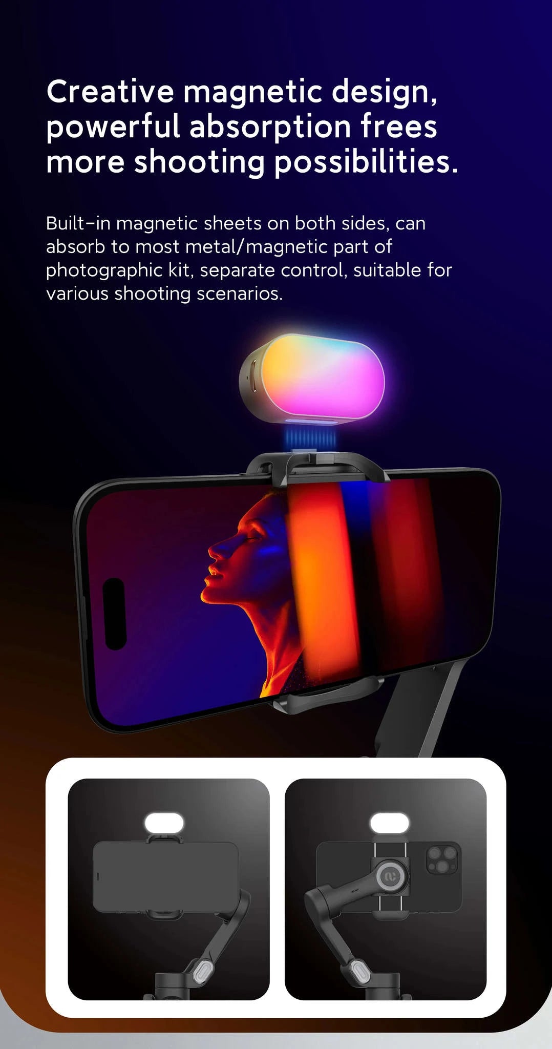 AOCHUAN RGB Magnetic Fill Light for Gimbals and Mobile Photography-Black