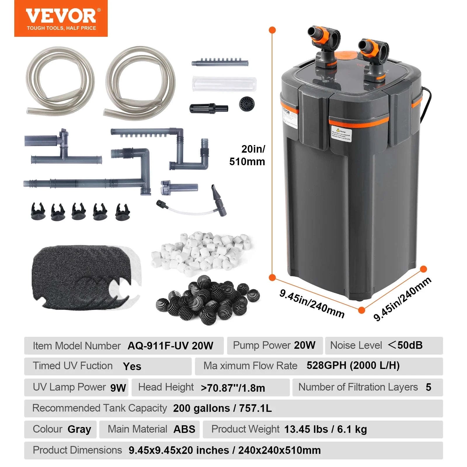 Aquarium Filter 264GPH 3-Stage Canister Filter with UV Protection-2000L / CZECH REPUBLIC