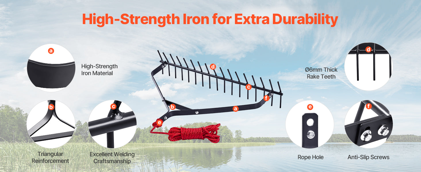 SucceBuy 32 in Aquatic Weed Rake 6.3 Double Weeds Cutter w/30ft Rope No Assembly Required Clearing Tool to Pond Lake Rivulet