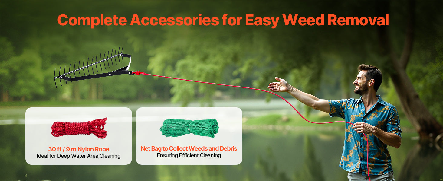 SucceBuy 32 in Aquatic Weed Rake 6.3 Double Weeds Cutter w/30ft Rope No Assembly Required Clearing Tool to Pond Lake Rivulet