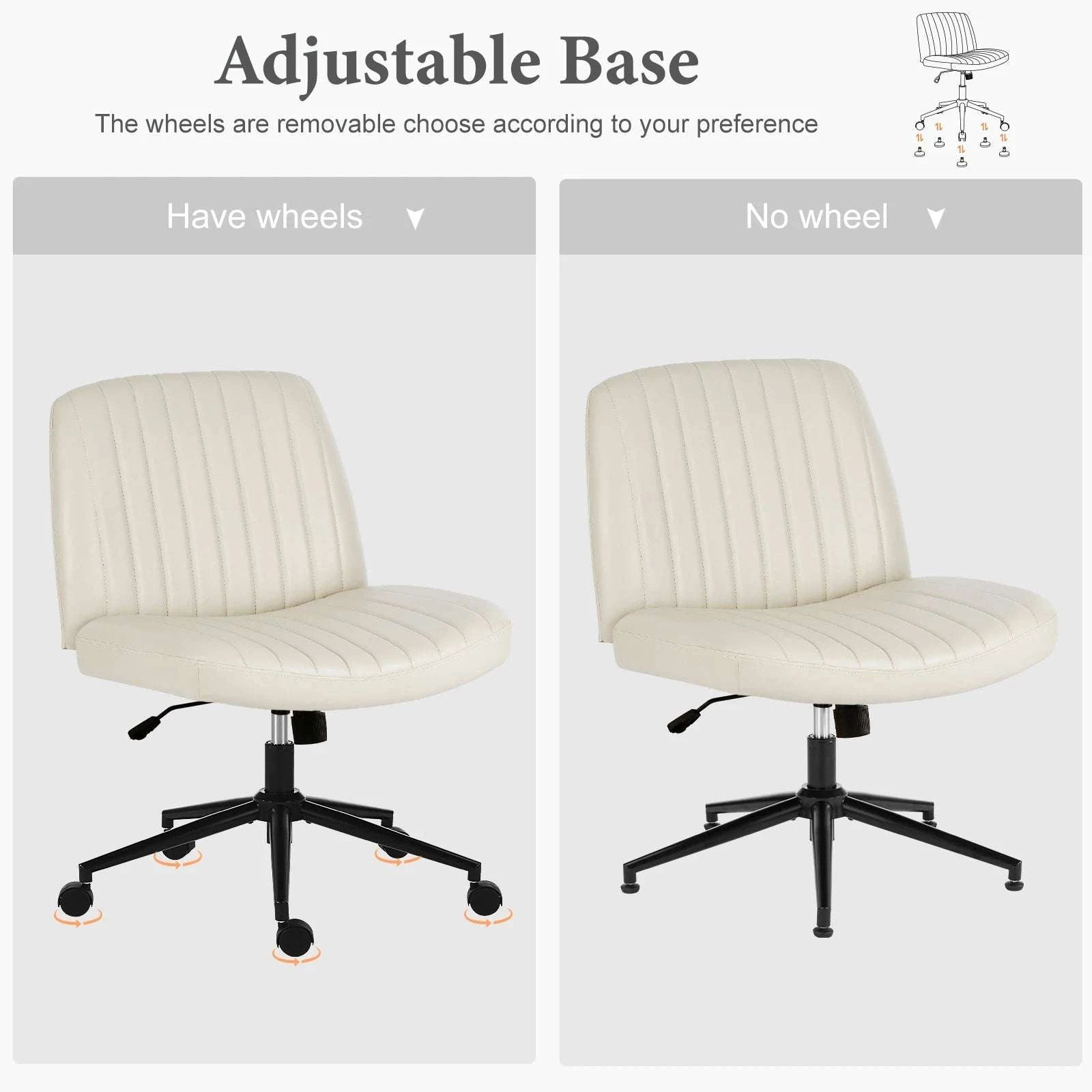 Armless Cross-Leg Office Chair with Wheels Adjustable Height Seat-cloth Beige / United States