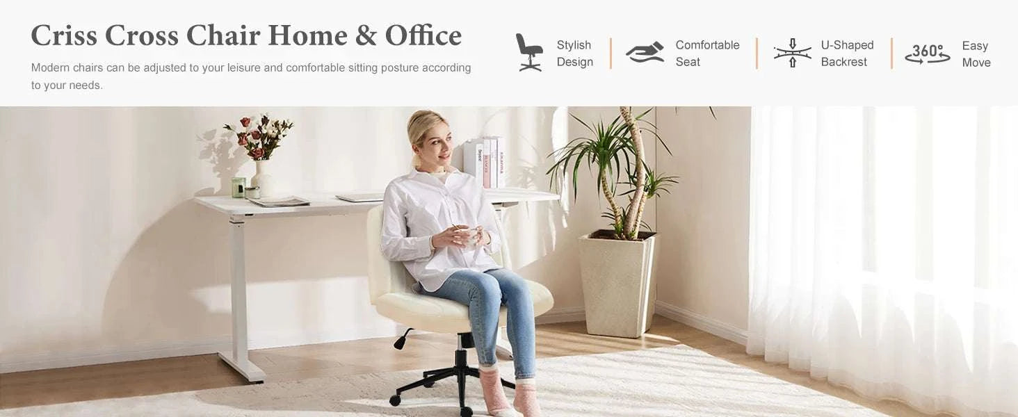 Armless Cross-Leg Office Chair with Wheels Adjustable Height Seat-cloth Beige / United States