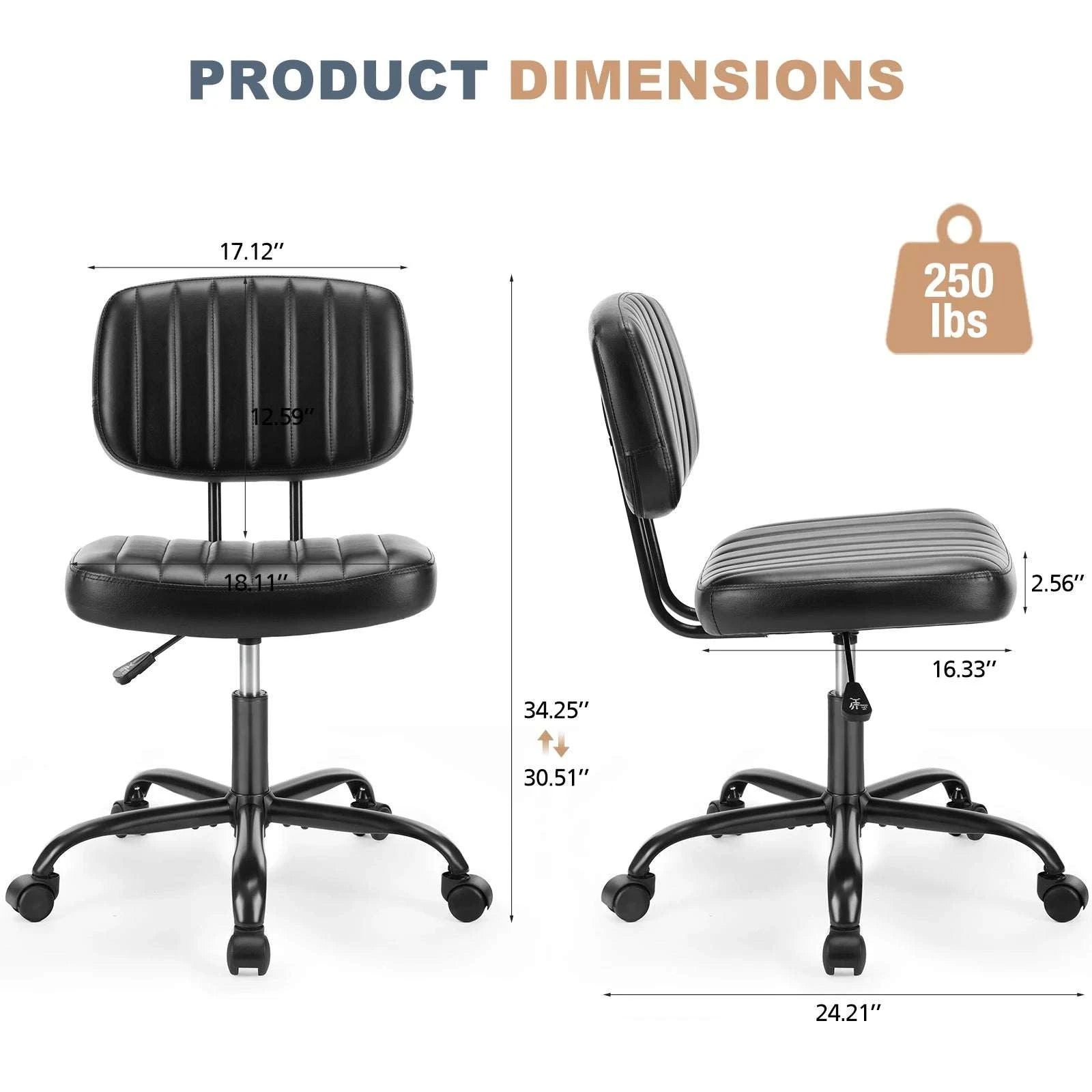 Armless Office Desk Chair with Lumbar Support & Swivel Wheels-WHITE / United States