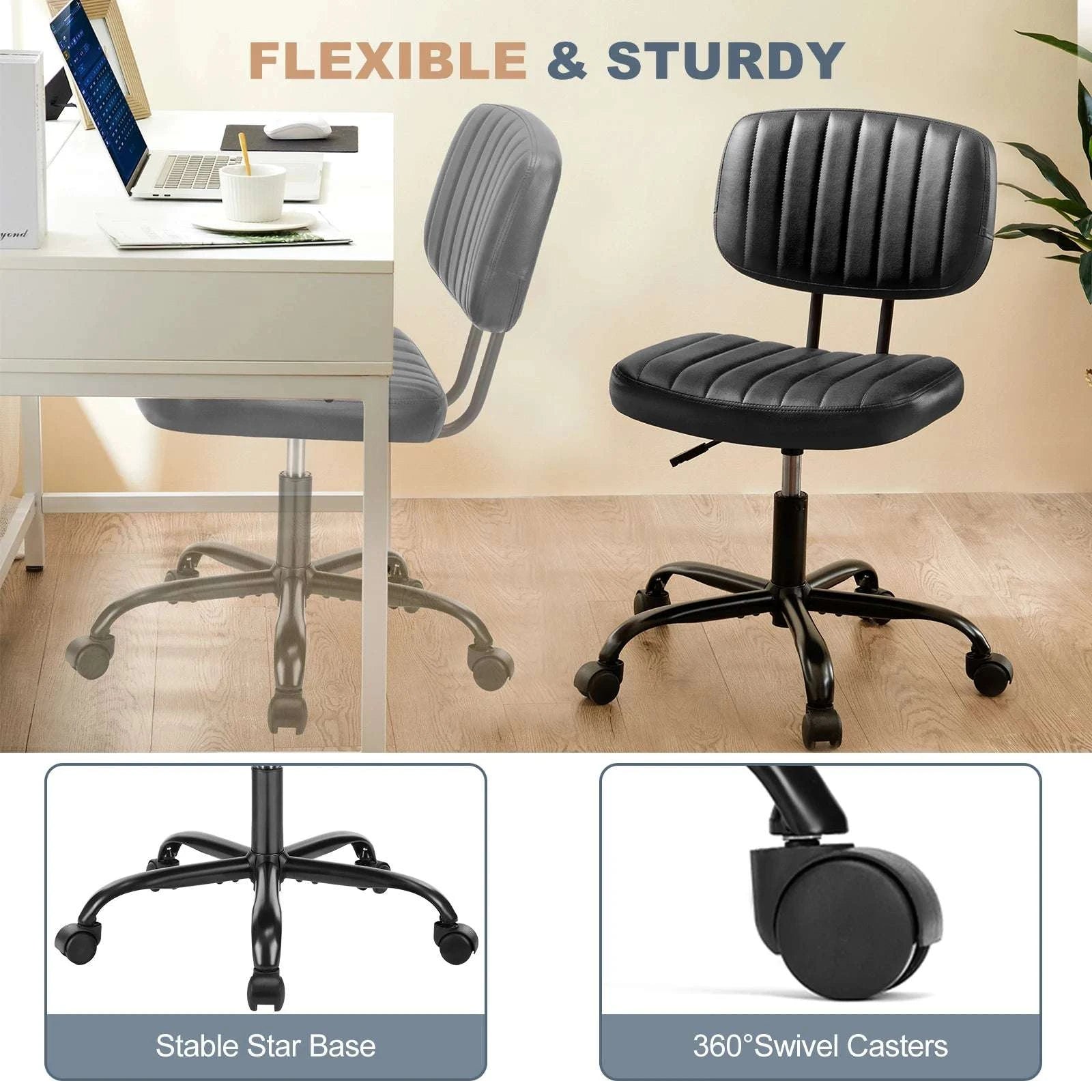Armless Office Desk Chair with Lumbar Support & Swivel Wheels-WHITE / United States